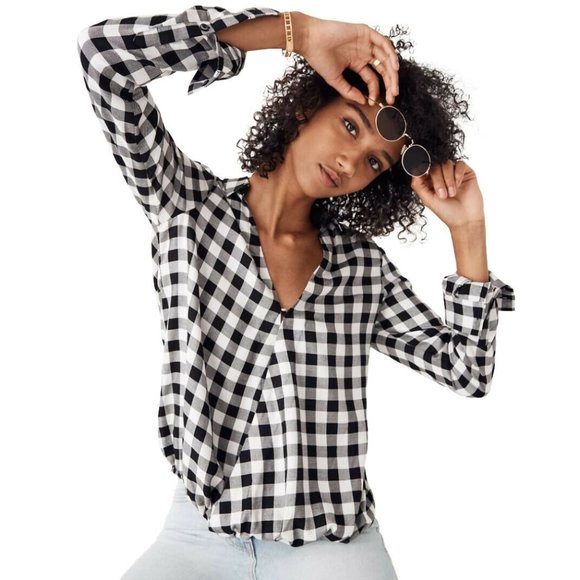 MADEWELL Womens Sz XS Black White Wrap Front Shirt Buffalo Check Plaid Checkered